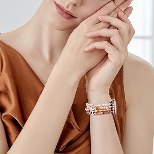 Image of MOFREE Beaded Bracelet Compatible with Apple Watch Band 38mm /40mm /41mm /42mm, Fashion Elastic Stretch Women Bands for iWatch Series 11 /10 /9 /8 /7 /SE /6 /5 /4 /3 /2 /1 iPhone Watch Strap Bands Rose Gold /Crystal