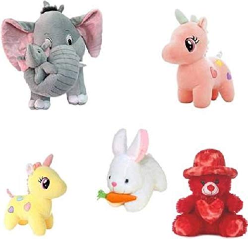 Stuff 5 Picks Combo Soft Toys Set Elephant 40cm with 2 Baby , Rabbit 30cm , Pink and Yellow UNICRON 30cm , RED Cap Teddy 25 cm for Kids Playing Soft Toys - 30 cm (Multicolor)