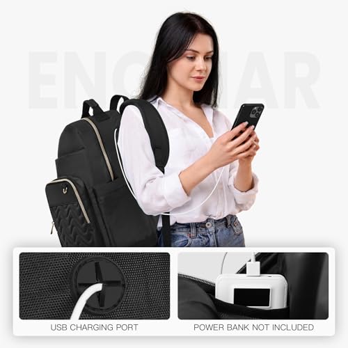 Travel Laptop Backpack for women, Work Backpack Woman with USB Charging Port, Water Resistant College Backpack, Stylish Quilted Girls Back Pack Casual Daypack for 15.6 Inch Laptop, Black4