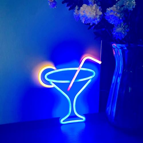Image of Neon Cocktails Sign, LED Wine Glass Light - Dual Powered Bar Neon Night Lamp for Wall Decor, Club, Restaurant, Shop