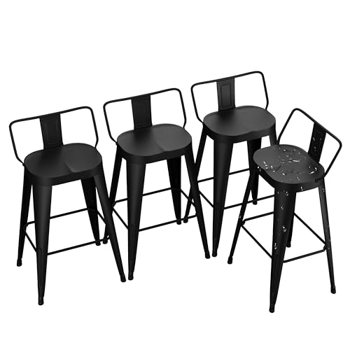 Conjunto de 4 butacos industriales de metal para exterior, altura de barra, asiento grande, respaldo bajo, color negro miniatura 1