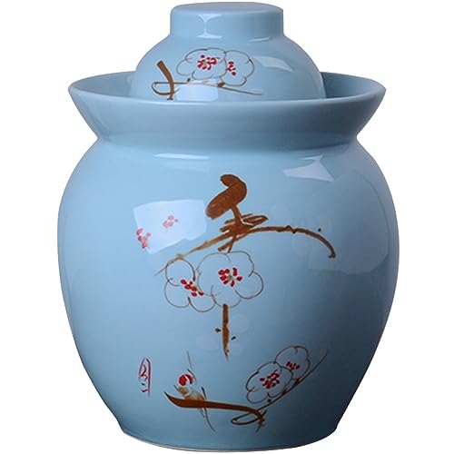 Tarro De Kimchi Botella De Kimchi Decoración Clásica De Ciruela De Tinta Tarro De Fermentación, Sello De Agua Doble Con Tapa Olla De Kimchi, Cerámica Tanque De Almacenamiento (Color : Azul, S : 1.5k