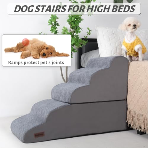 Image of Dog Stairs and Ramp for High Bed, 5-Step Dog Steps for Small Dogs and Cats,Non-Slip Pet Stairs Suitable High Bed Climbing | Aodisman Pet Stairs for Bed with High-Density Foam,Ideal for Olders,Short-Legged Dogs,Puppy and Cats Get on High Beds,Grey
