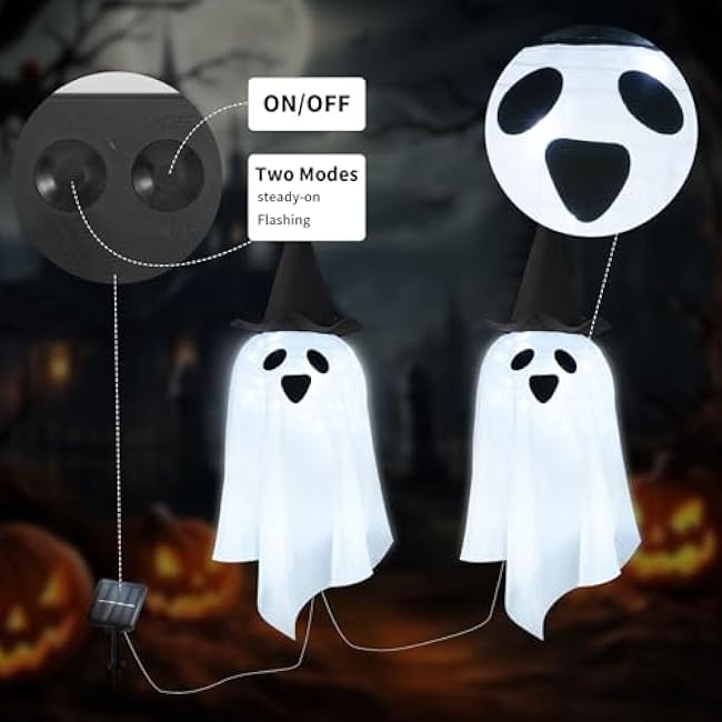 Solar Halloween Ghost LED Lights Outdoor, Set of 2 Big Ghost with Hat Stake Lights 2 Modes for Outdoor Halloween Pathway Yard Garden Decoration (Cool White-Ghost, 2 Pack)