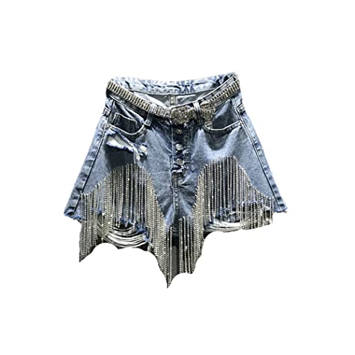 Short d'été déchiré taille haute femme jean strass franges mode XL