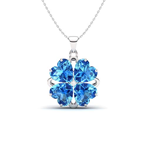 Diamondere Natural And Certified Heart Cut Blue Topaz And Diamond Flower Necklace In Sterling Silver | 2.32 Carat Pendant With Chain #TOP28