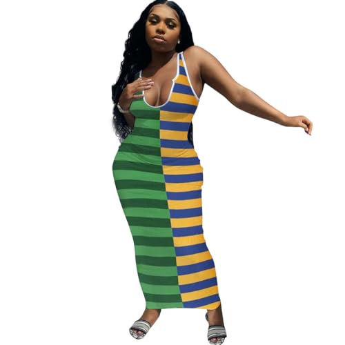 Image of Women Bodycon Maxi Tank Dress, Sexy Deep U Neck Ribbed Solid Color Party Wrap Long Dresses