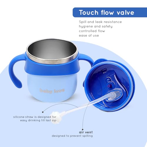 Image of Stainless Steel Insulated Hot & Cold Baby Sipper Bottle with Handle - 260 ml | Anti Spill Milk Feeding Sippy Cup for Toddlers & Kids | BPA Free Water Bottle (Blue)