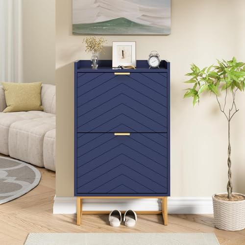 UEV Scarpiera, Scarpiera Inclinabile, con 2 Scomparti, Soffitto con Recinzione, Ripiano Regolabile a 2 Posizioni, Ripiani Rimovibili, Motivo a Linee, 50x24x103,5 cm, Blu