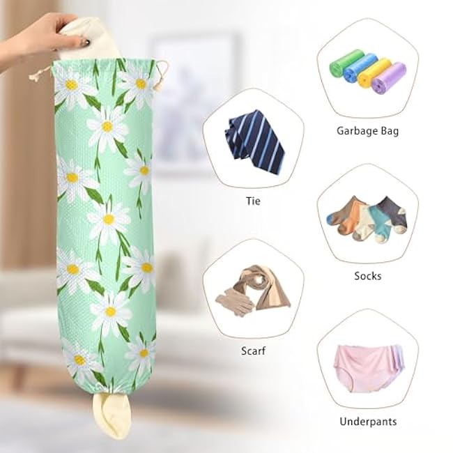 xigua White Daisies Plastic Bag Holder Wall Mount with Drawstring 2 Pack, Reusable Grocery Bag Organizer Decor for Bags, Socks, Underwear, And Neckties