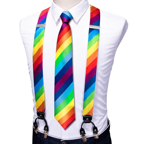 Image of Barry.Wang Men Suspender Set with Necktie Elastic Y Type Heavy Duty 6 Clips Braces Tie Handkerchief Cufflink Pin 6PCS