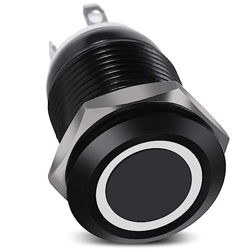 AUTOZOCO Botón Pulsador Momentáneo, Botón Auto Reinicio, Pulsador de contacto momentáneo, Tamaño del orificio de montaje 12 mm, 1 NO, 2A 3VDC, IP67, IK08, Led blanco