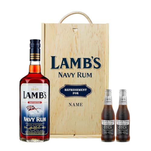 Beer Hunter Personalised Lambs Navy Rum Gift Set in Wooden Box with Fever Tree Cola - 40% ABV (70cl)