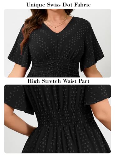 Image of RWJ Women's Plus Size Maxi Dress V Neck Short Sleeve Swiss Dot A Line High Waist Boho Swing Casual Summer Dresses