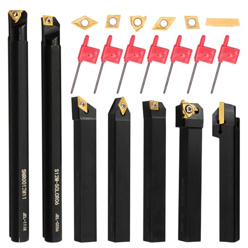 Lathe Turning Tool Set, 12mm Shank 7 Pieces Carbide Turning Tool, Metal Lathe Tools Holder for Turning Grooving Threading, Carbide Inserts Turning Insert, Woodturning Power Lathe Accessories