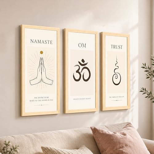 Image of meditation Om Unalome Framed Wall Art Painting for Living Room,Set of 3 Shanti Mantra Minimalist Poster, Boho Meditation Room Decor for Living Room (Size 24x48 cm)
