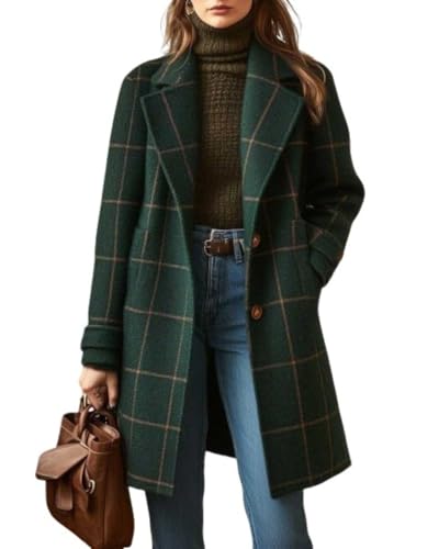 Image of CHARTOU Women Plaid Wool Pea Coat Vintage Winter Notched Lapel Single Breasted Midi Trench Overcoat Outwear Jacket(Medium,Green)