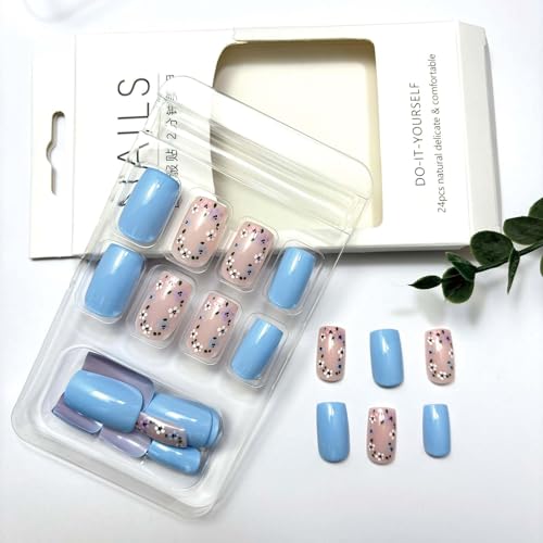 Image of Blue Press on Nails Medium Square Fake Nails with Colorful Flower Design Glossy Glue on Nails Nude Full Cover False Nails Artificial Acrylic Nails Stick on Nails for Women Girls Manicure Art 24Pcs