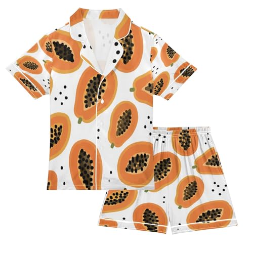 Satin Pajama Sets Short Sleeve Papaya Pattern Prints with Seeds Button Down Silky Nightwear 2 Piece PJS 5-14Y