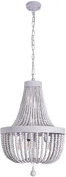 Farmhouse Wood Beaded Chandelier Boho Light Fixture, 6-Lights Wooden Bead Chandeliers Rustic Kitchen Island Hanging Pendant Fixtures For Dining&Living Room, Bedroom, Entryway