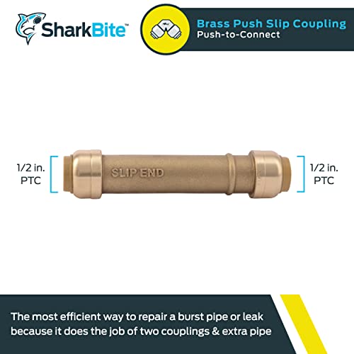 Sharkbite 1/2 Inch Slip Coupling, Push To Connect Brass Plumbing Fitting, Pex Pipe, Copper, Cpvc, Pe-Rt, Hdpe, U3008Lfa #TOP1