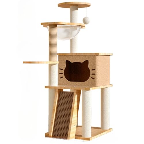 Quirix キャットタワー 木製 据え置き 多頭飼い 宇宙船 猫ハウス シニア猫 太った猫 短足猫 子猫 大型猫 隠れ家 展望台 ポンポン 爪とぎ 安定 角丸加工 ステップ 階段 運動不足解消 (N1)