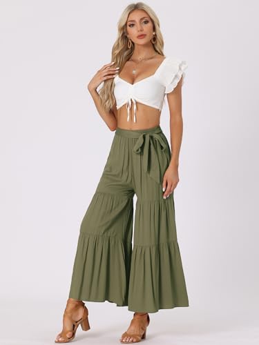 Image of Allegra K Women's 2026 Summer Wide Leg Palazzo Pants High Waisted Flowy Trendy Casual Lounge Boho Beach Ruffles Trousers