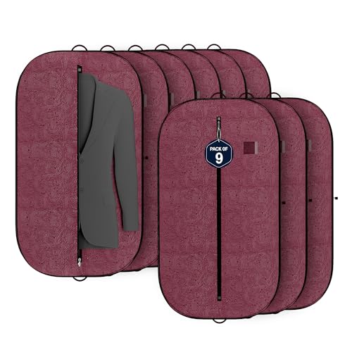 Image of Kuber Industries 9 Pcs Non Woven Blazer Cover with Zip | Hanging Coat Bags for Jacket, Saree, Shirt, Garments Clothes | Unisex Dress Wardrobe Organizer Folding Suit Covers | Emboosed - Maroon