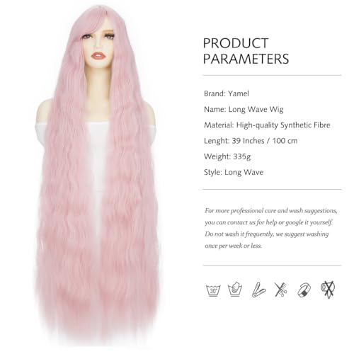 Image of Rose bud Rapunzel Wigs Long Wavy Curly Wig with Fringe Pink Wigs for Women Cosplay Costume Synthetic 39 inch Lolita Wig