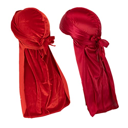 Glecurv 2Pcs Velvet and Silky Durags for Men Women Satin Doo Rag for 360 Waves Head Wrap Durag with Extra Long Tail and Wide Straps Fashion Stretchable Quick-Drying Pirate Hats (Red)
