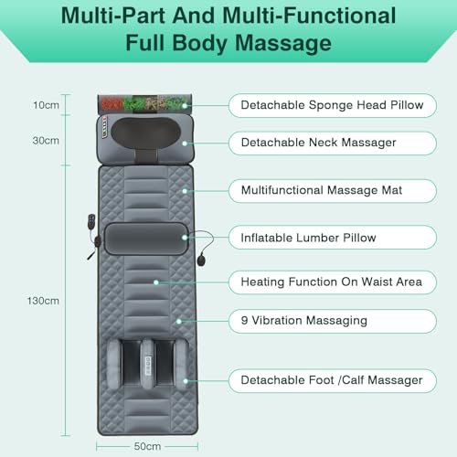 Ganzkörpermassagematte mit Wärme, Massagematte Elektrisch, Rückenmassage-Pad, Lendenwirbeltraktion & Entspannung, 9 Massagemodi und 9 Geschwindigkeitsmodi Nacken und Schulter-Rückenmassagegerät