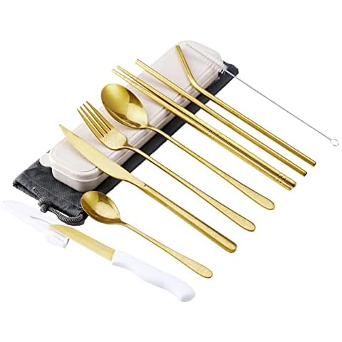 hecef 11 PCS Gold Camping Cutlery Set with Carrying Case & Mesh Bag, 18/0 Stainless Steel Flatware Set with Vintage Stonewashed Finish, Reusable Dinnerware Set for Work, School, Travel Cover