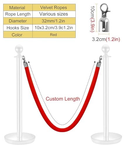 Paletti per eventi, corde per il controllo della folla, corde di velluto rosso da 60 cm a 3 metri di lunghezza, corda per paletti con ganci argentati per feste/tappeto rosso/matrimoni/chiesa