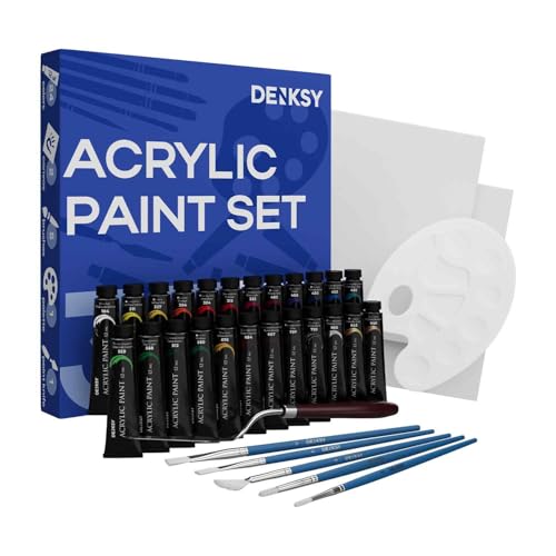 DENKSY 33 Pcs Acrylic paint set includes everything – Acrylic Painting Kit with 24 Colours (12ml), 5 Brushes, 2 Canvases, 1 Palette & 1 Painting Knife – Art Supplies for Beginners & Pro Artists