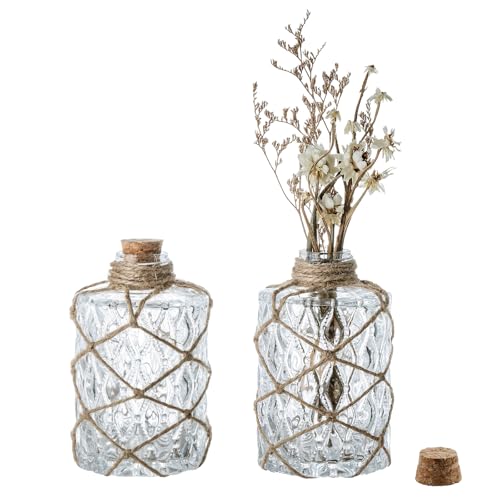 MyGift Set of 2 Rustic Embossed Glass Bud Vases with Cork Lids and Hand-Woven Hemp Rope – Apothecary Style Decorative Bottles for Farmhouse, Vintage, or Boho Home Decor