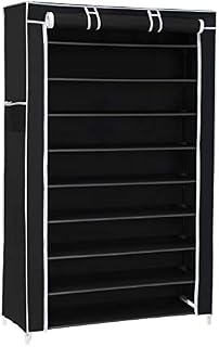 SONGMICS 10 Tiers Shoe Rack with Cover Closet Shoe Storage Cabinet Organizer Black