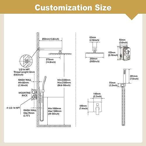 Shower System, 12 Inch High Pressure Shower Head with Rain Handheld Combo Set, Wall Mounted Dual Shower Head System, Bathroom Shower Faucet Set Rough-in Valve Body and Trim Brushed Gold - Image 6