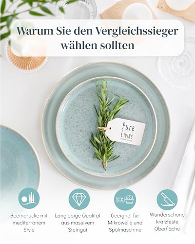 Steingut Geschirrset 6 Personen Ibiza 18 tlg. TESTSIEGER, Traumhaftes Mediterranes Steingut Geschirr Set, Schüssel- und Teller Set, Tafelservice 6 Personen, Geschirrsets Pure Living in Blau-Beige