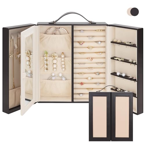 DesignSter Jewellery Box for Women, Jewellery Storage with Mirror, Travel Jewellery Organiser with Handle for Ring Earring Bracelet Necklace, Black Brown & Apricot