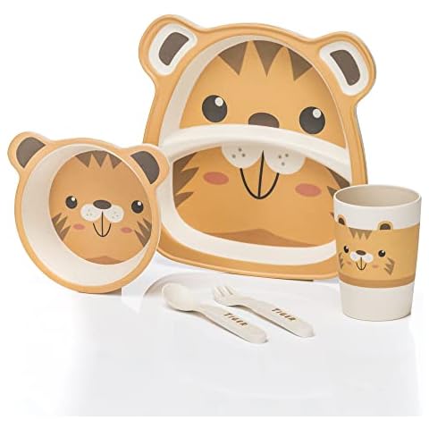 all Kids United® Kindergeschirr-Set aus Kunststoff 5-teiliges Geschirr Set mit Tier-Motive; Becher, Schüssel, Teller, Löffel & Gabel für Kinder (Tiger) Cover