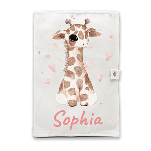 Protège carnet de santé personnalisé - Fermeture pratique à pression, Personnalisable avec texte et cœurs, Flanelle douce et résistante (Girafe)