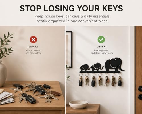Image of Decorative Elephant Metal Key Holder for Wall | Entryway Key Hanger Organizer for Home Decor | Wall Mounted Key Rack for Keys, Keychains & Accessories | No Drilling Required Key Holder