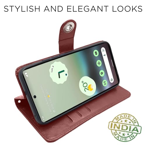 Image of Pikkme Google Pixel 6a Flip Cover Leather Finish | Inside TPU with Card Pockets | Wallet Stand and Shock Proof | Complete Protection Button Flip Case (Brown)