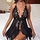 QKEPCY Sexy Unterwäsche für Frauen Spitze Lingerie mit Tanga Reizvolles Nachtwäsche Kleid Tiefer V Ausschnitt Negligee für Romantische Nächte (Schwarz-3)