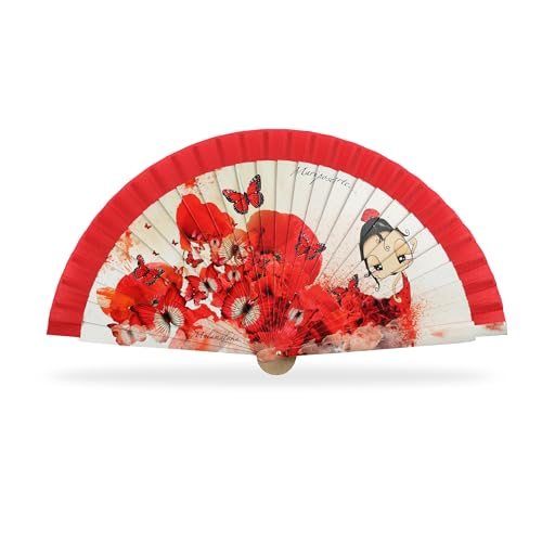 Malamalaka | Abanico Original De Madera | Tamaño de 23 cm | Abanico Plegable| Fácil De Abrir Y Cerrar | Ideal Para Regalo | Fácil De Llevar A Cualquier Lugar Elegantes Y Duraderos | Mariposearte Rojo