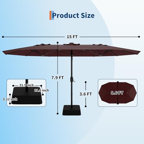 15 Ft Large Patio Umbrella with Base Included, Outdoor Double-Sided Rectangle Umbrella with Crank Handle, Outdoor Umbrella for Backyard, Pool, Patio,