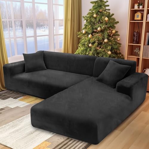 NAKIHOUSE Samt Sofabezug Waschbar Sofaüberwurfe mit einem Kissenbezug, Superweicher Elastische Sofa Abdeckung in Schwarz Farbe für 1/2/3/4 Sitzer(L-förmiges Ecksofa erfordert Zwei)