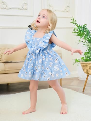 Renotemy Baby Girl Dress Summer Outfits Infant Boho Light Blue Daisy Casual Floral Sundress with Hat and Bag Sleeveless Princess Party Beach Dresses Baby Girl Clothes 3-6 Months