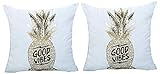 cojines dorados para navidad Idea de regalo original Dos fundas de almohada cojín del sofá 40x40 cm - piña - cojín cuadrado decorativo - estampado dorado - lino - dormitorio - casa de frutas - buen rollo - idea de regalo original - color blanco