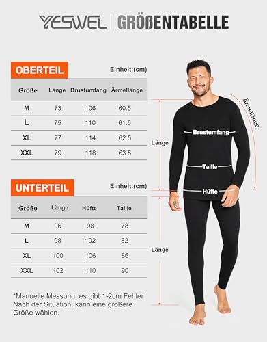 YESWEL 100% Merino Unterwäsche Herren Set, Weich Winter Thermounterwäsche, Warme Merinowolle Skiunterwäsche, Langarm Shirt und Hose Funktionsunterwäsche (Schwarz,L)